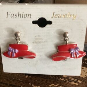 Red Hat Society Enamel Earrings with Purple Bow 1569